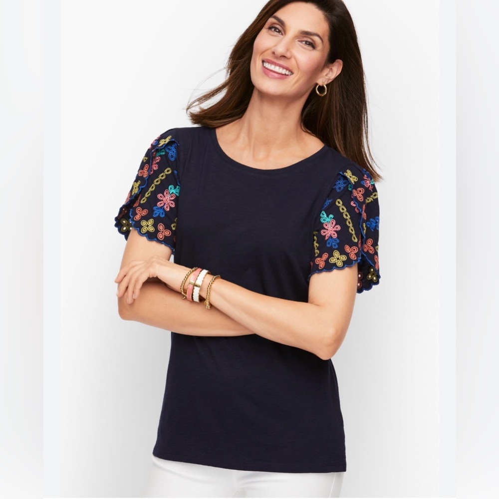Talbot’s Women’s Navy Embroidered Sleeve Tee